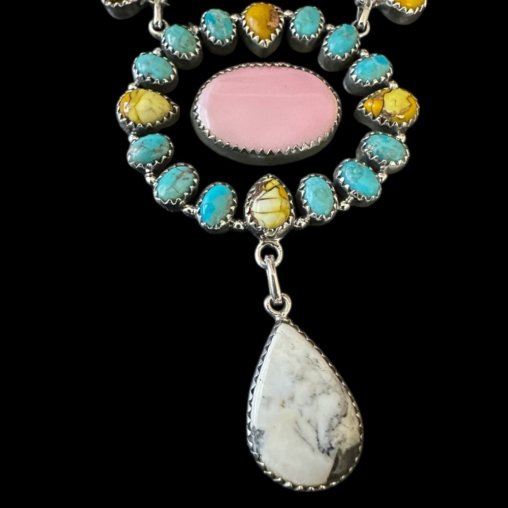 Honey Dahlia Turquoise, Kingman Turquoise & Conch Solid Sterling Silver Necklace - Picture 5 of 15